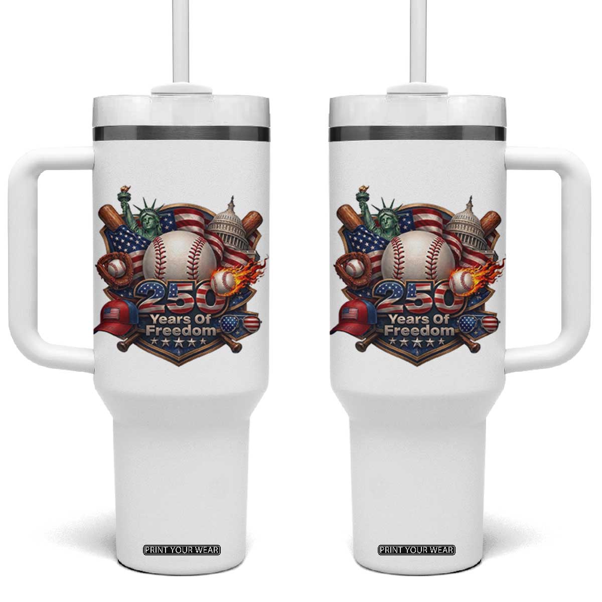 USA 250 Years Of Freedom Baseball Graphic Tumbler With Handle TS12 One Size: 40 oz White Print Your Wear