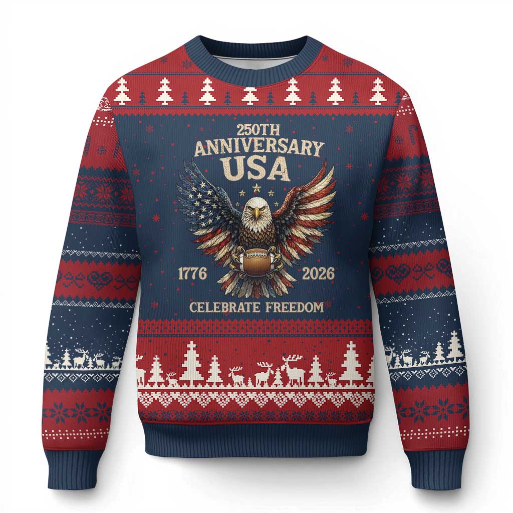 Patriotic Bald Eagle Football Ugly Christmas Sweater America 250th Anniversary Gift TS12 Navy Red Print Your Wear