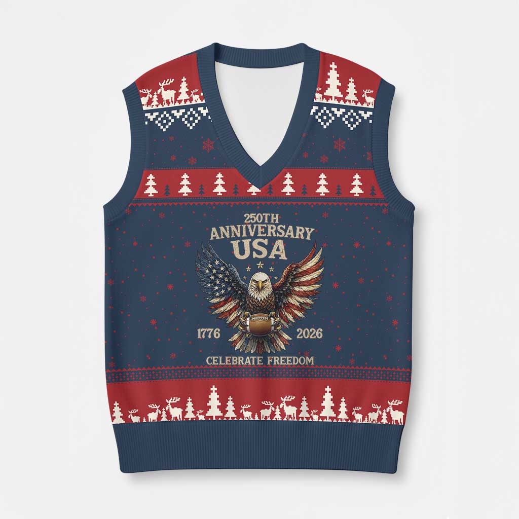 Patriotic Bald Eagle Football V-Neck Knit Sweater Vest America 250th Anniversary Gift TS12 Navy Red Print Your Wear