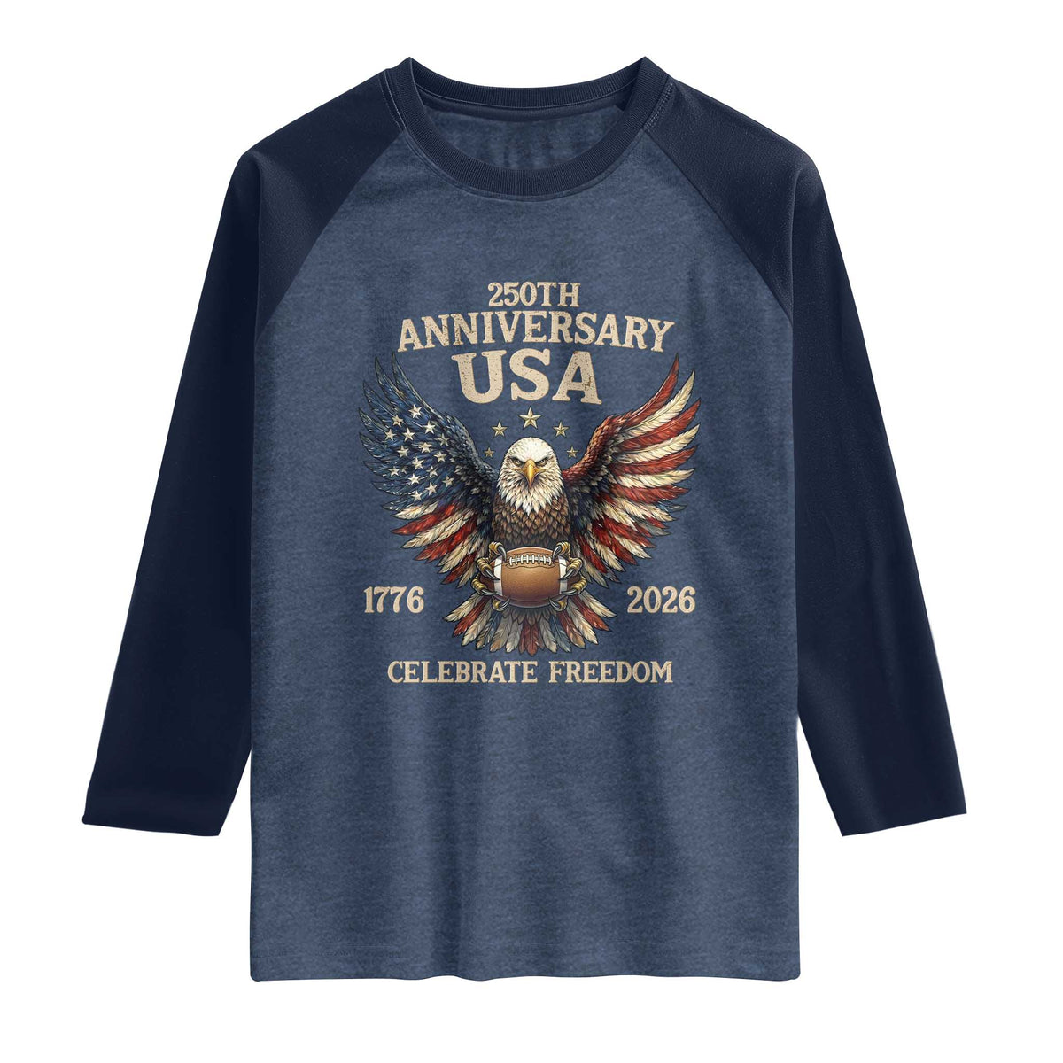 Patriotic Bald Eagle Football Raglan Shirt America 250th Anniversary Gift TS12 Heather Denim Navy Print Your Wear