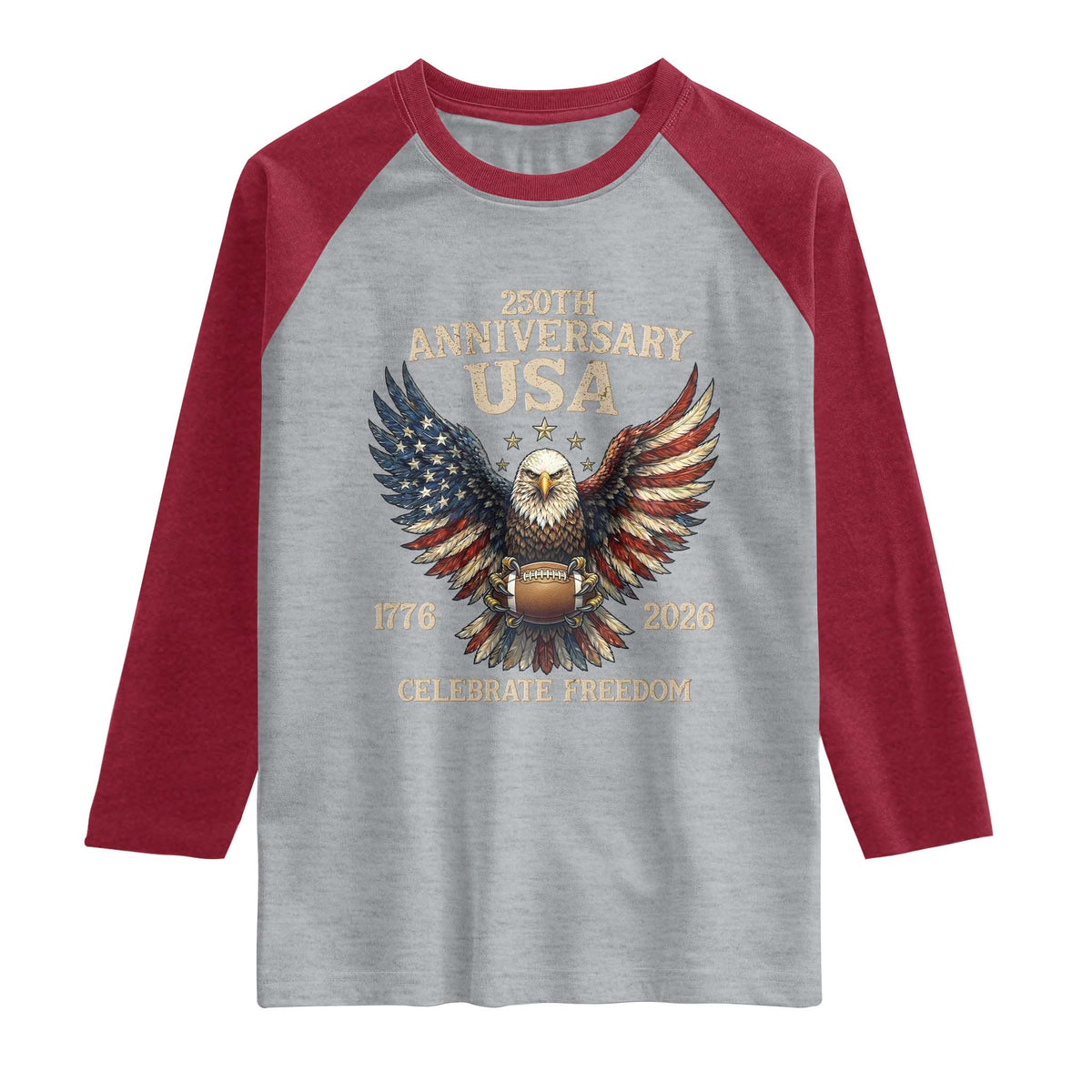 Patriotic Bald Eagle Football Raglan Shirt America 250th Anniversary Gift TS12 Heather Gray Heather Red Print Your Wear