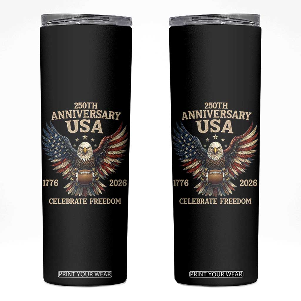 Patriotic Bald Eagle Football Skinny Tumbler America 250th Anniversary Gift TS12 Black Print Your Wear