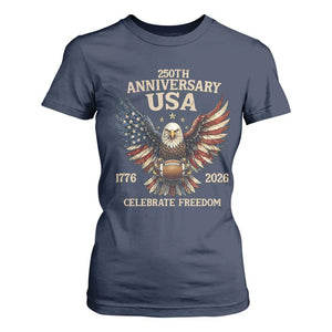 Patriotic Bald Eagle Football T Shirt For Women America 250th Anniversary Gift TS12 Navy Print Your Wear