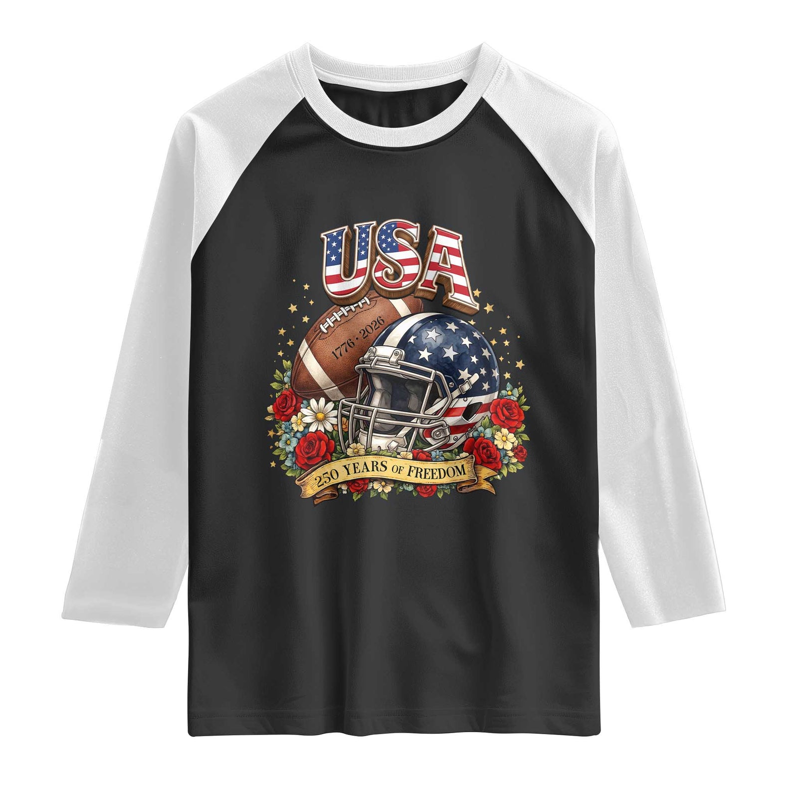 Patriotic Floral Baseball Raglan Shirt USA 250th Anniversary Gift TS12 Black White Print Your Wear