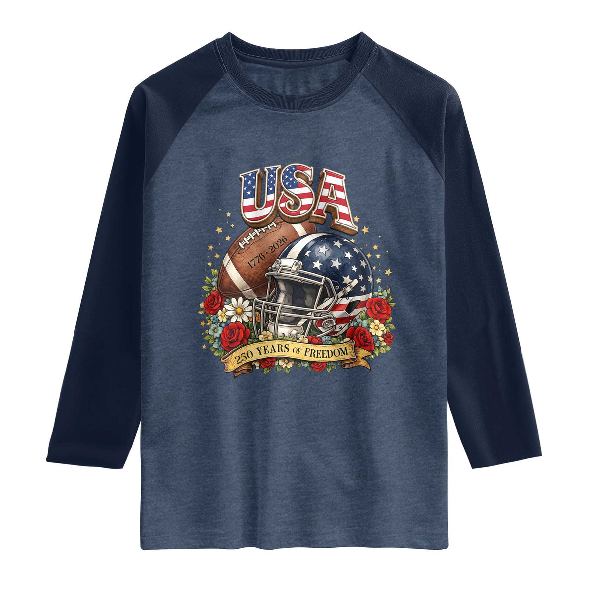 Patriotic Floral Baseball Raglan Shirt USA 250th Anniversary Gift TS12 Heather Denim Navy Print Your Wear