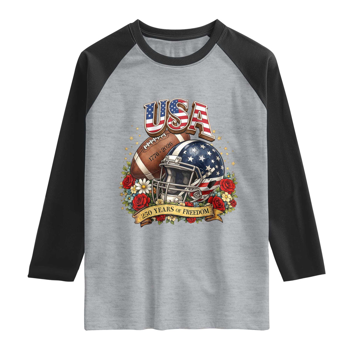 Patriotic Floral Baseball Raglan Shirt USA 250th Anniversary Gift TS12 Heather Gray Black Print Your Wear