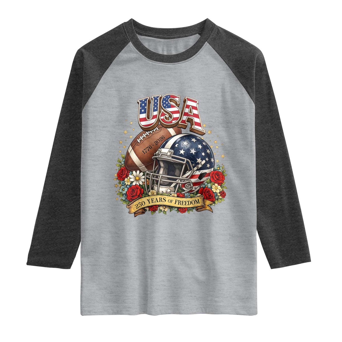 Patriotic Floral Baseball Raglan Shirt USA 250th Anniversary Gift TS12 Heather Gray Heather Charcoal Print Your Wear