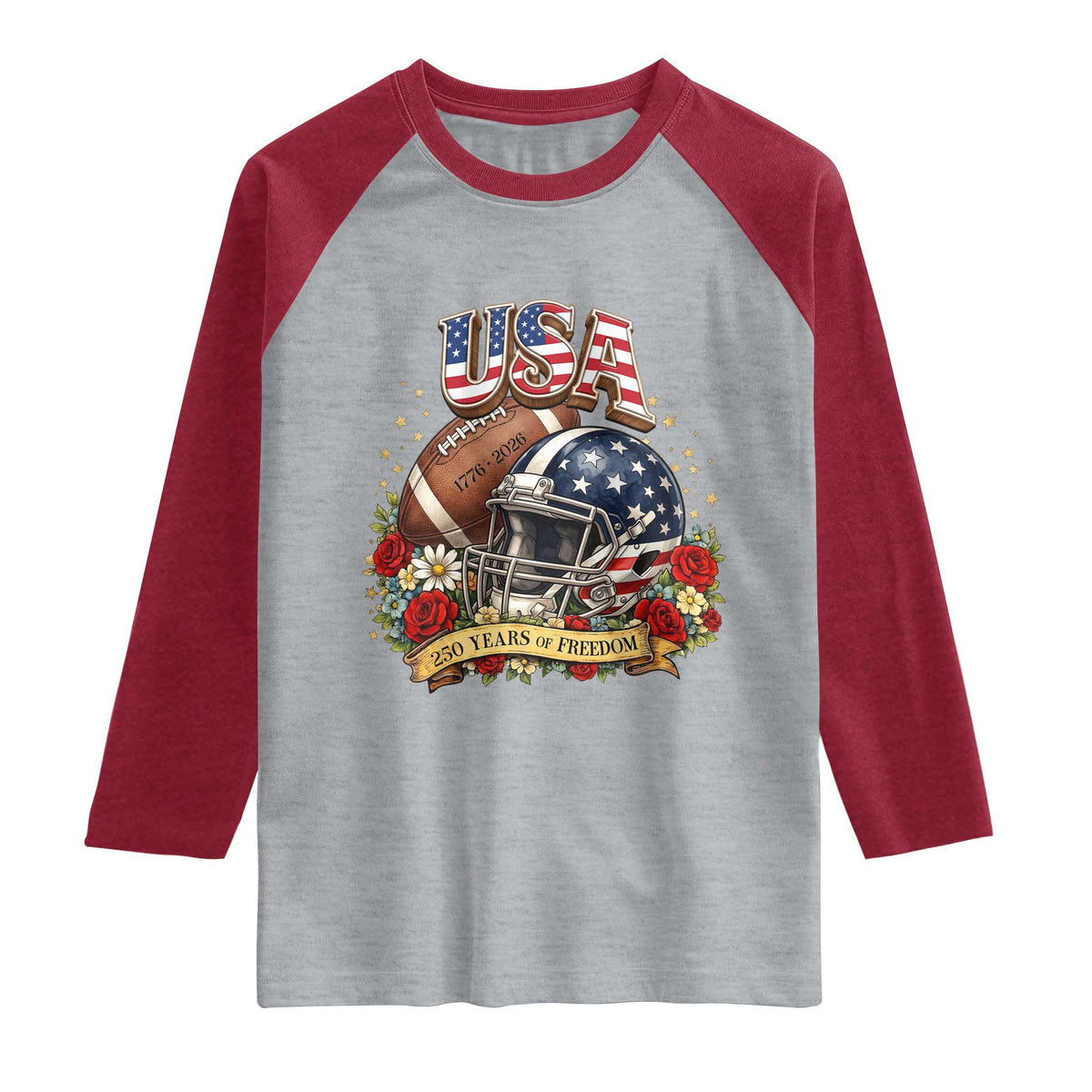 Patriotic Floral Baseball Raglan Shirt USA 250th Anniversary Gift TS12 Heather Gray Heather Red Print Your Wear