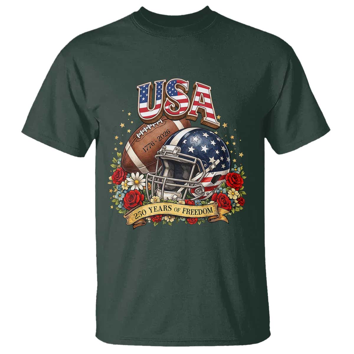 Patriotic Floral Baseball T Shirt USA 250th Anniversary Gift TS12 Dark Forest Green Print Your Wear