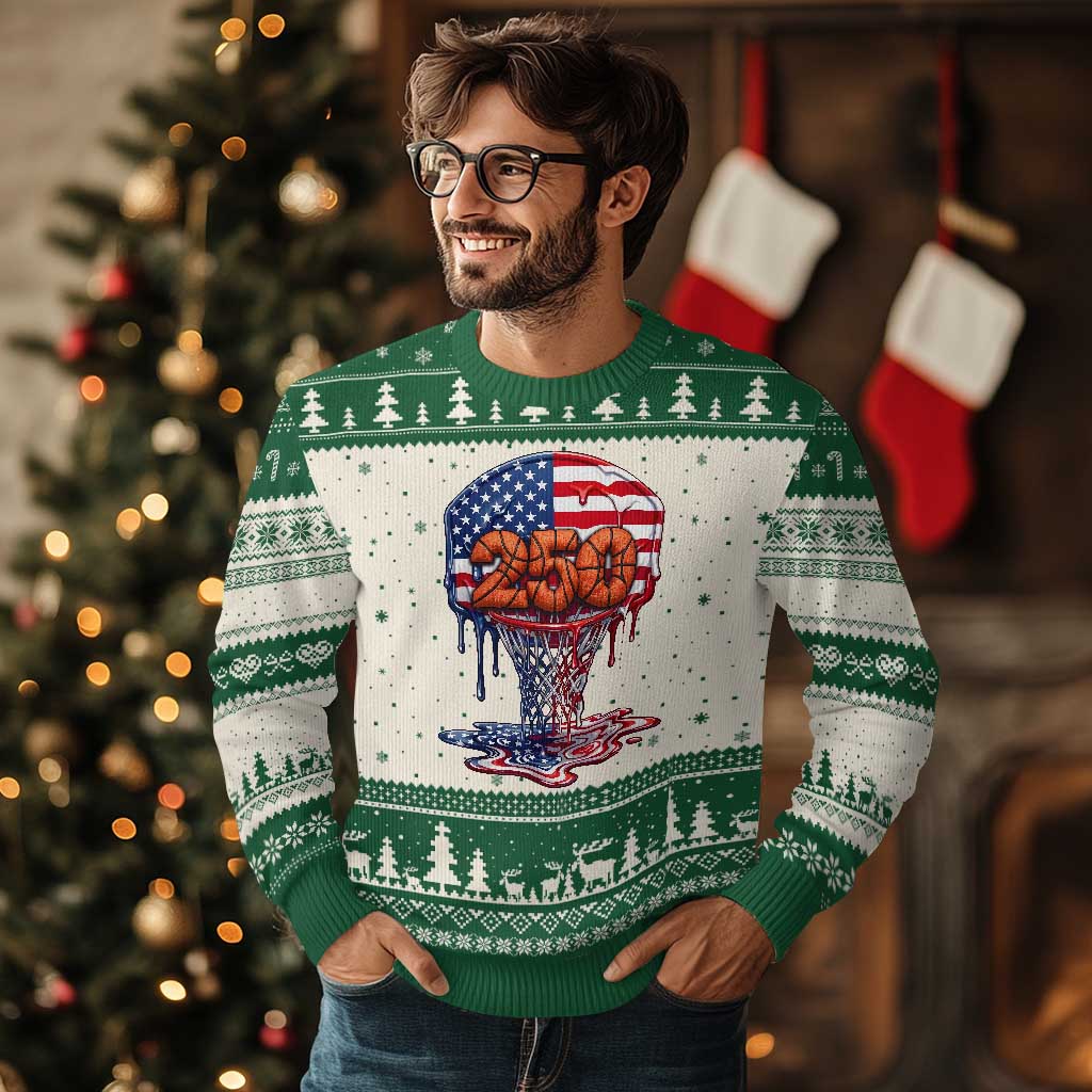 Patriotic Basketball Drip Ugly Christmas Sweater USA 250th Anniversary Gift TS12 Beige Green Print Your Wear