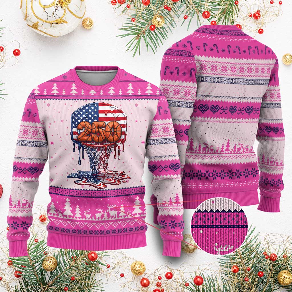 Patriotic Basketball Drip Ugly Christmas Sweater USA 250th Anniversary Gift TS12 Hot Pink Print Your Wear