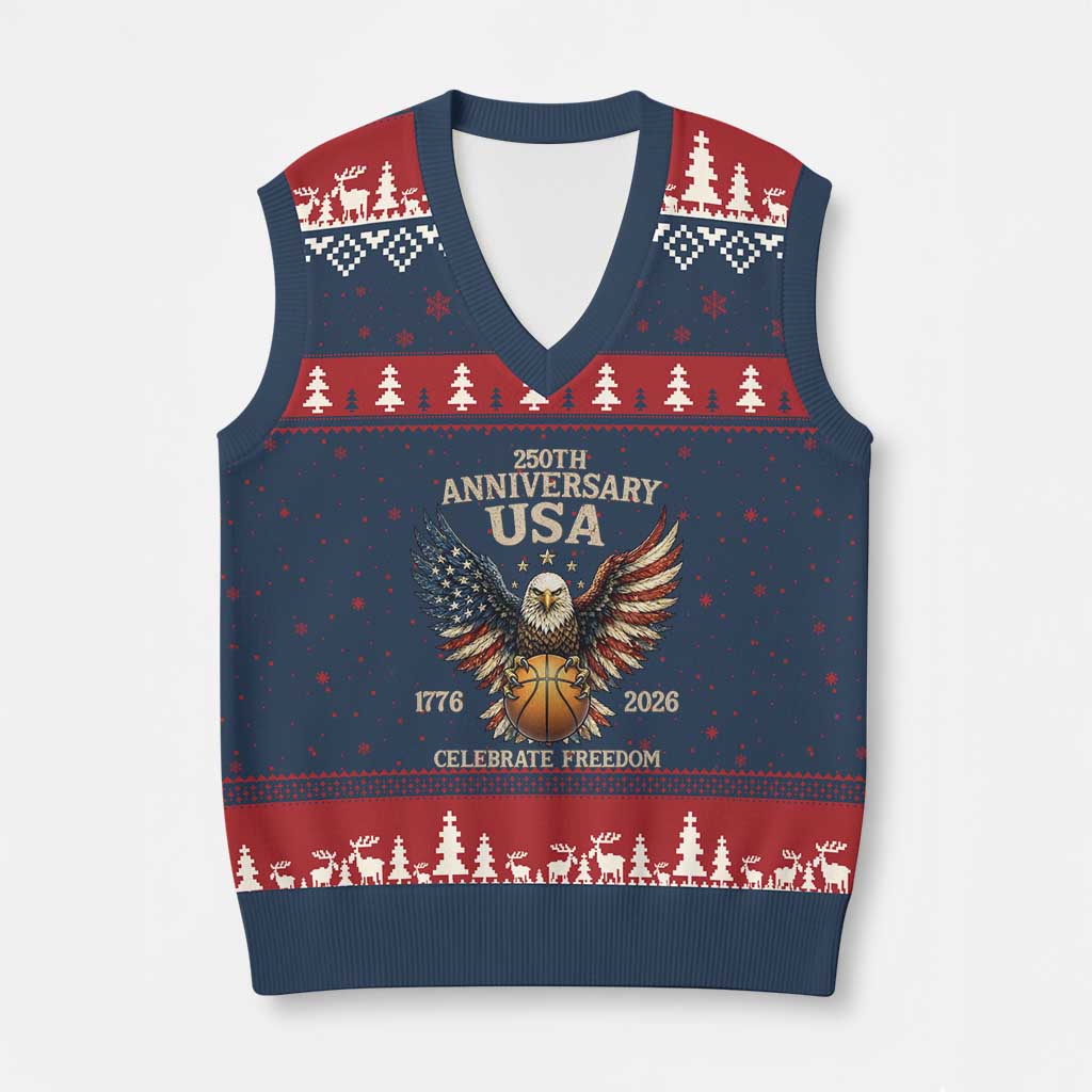 250 Years Of Freedom Basketball V-Neck Knit Sweater Vest Patriotic Athlete Gift TS12 Navy Red Print Your Wear