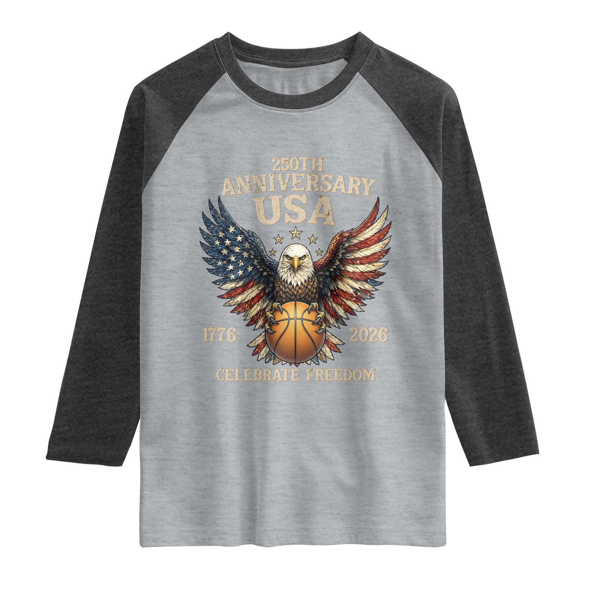 250 Years Of Freedom Basketball Raglan Shirt Patriotic Athlete Gift TS12 Heather Gray Heather Charcoal Print Your Wear