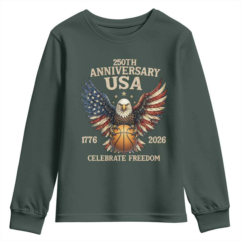 250 Years Of Freedom Basketball Youth Sweatshirt Patriotic Athlete Gift TS12 Dark Forest Green Print Your Wear