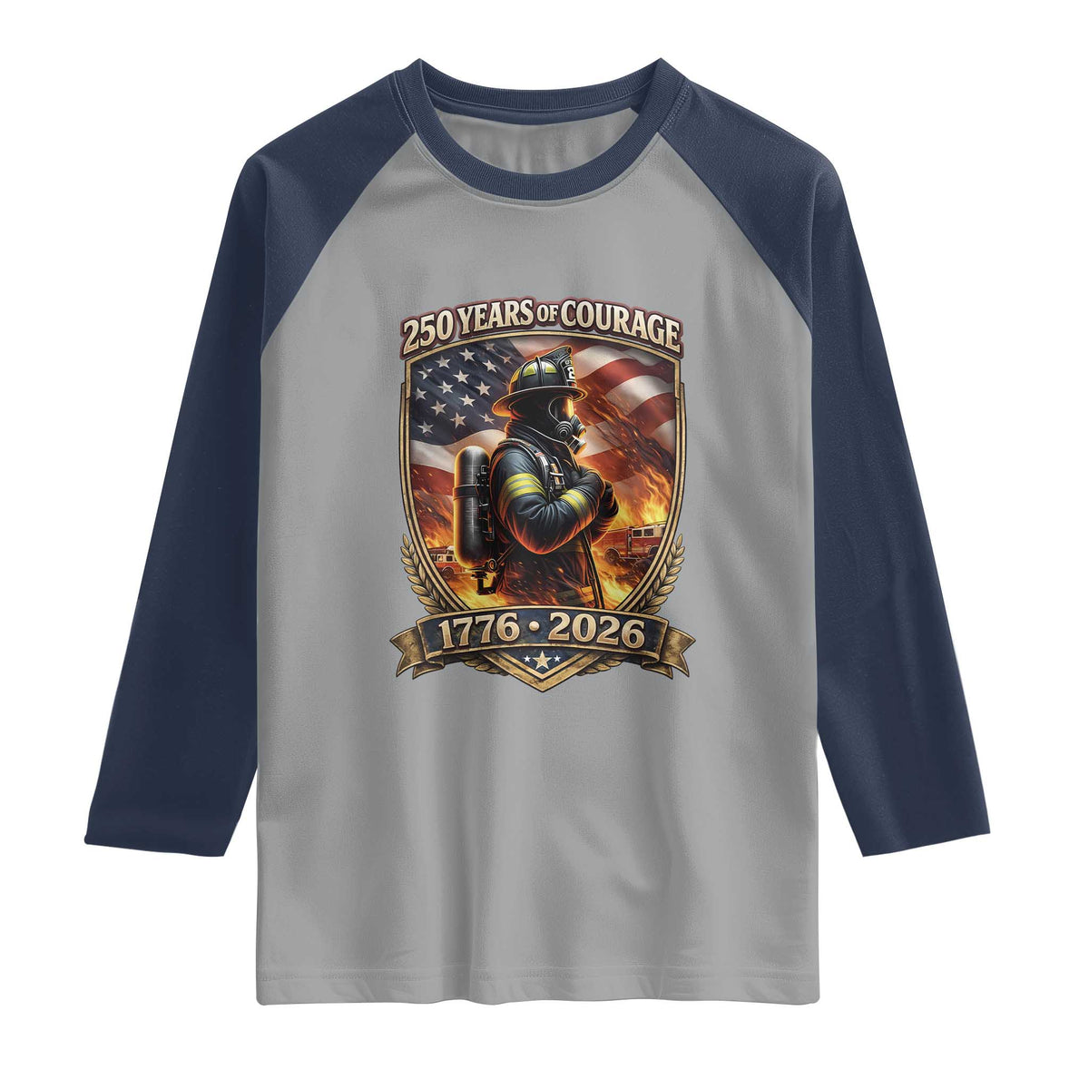 Firefighter USA 250th Anniversary Gift Raglan Shirt 250 Years Of Courage TS12 Sport Gray Navy Print Your Wear