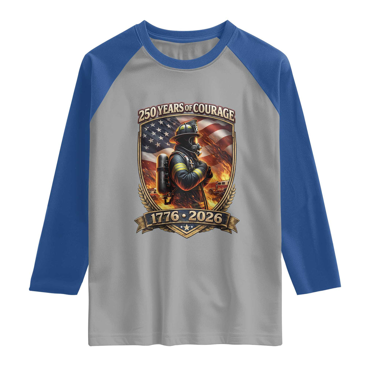 Firefighter USA 250th Anniversary Gift Raglan Shirt 250 Years Of Courage TS12 Sport Gray Royal Print Your Wear