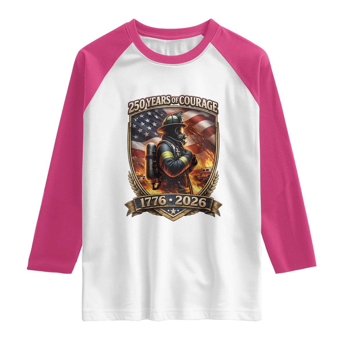 Firefighter USA 250th Anniversary Gift Raglan Shirt 250 Years Of Courage TS12 White Heliconia Print Your Wear