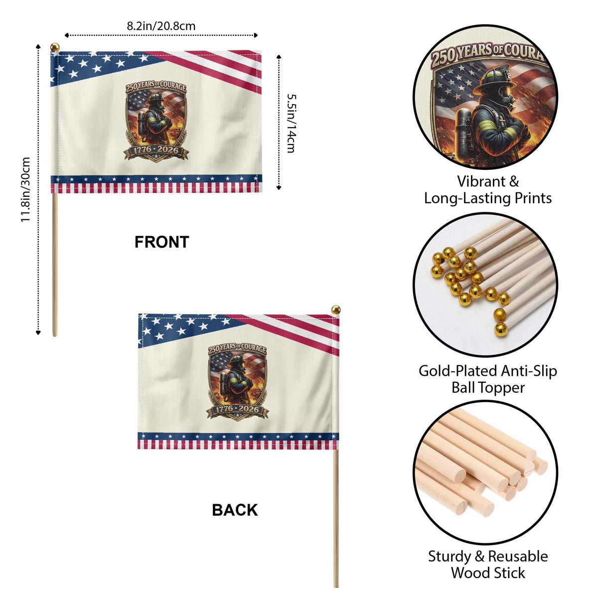 Firefighter USA 250th Anniversary Gift Patriotic Handheld Flag 250 Years Of Courage TS12 Print Your Wear