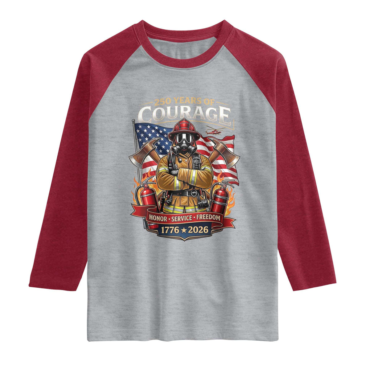 Patriotic Firefighter 250 Years Of Courage USA Anniversary Gift Raglan Shirt TS12 Heather Gray Heather Red Print Your Wear