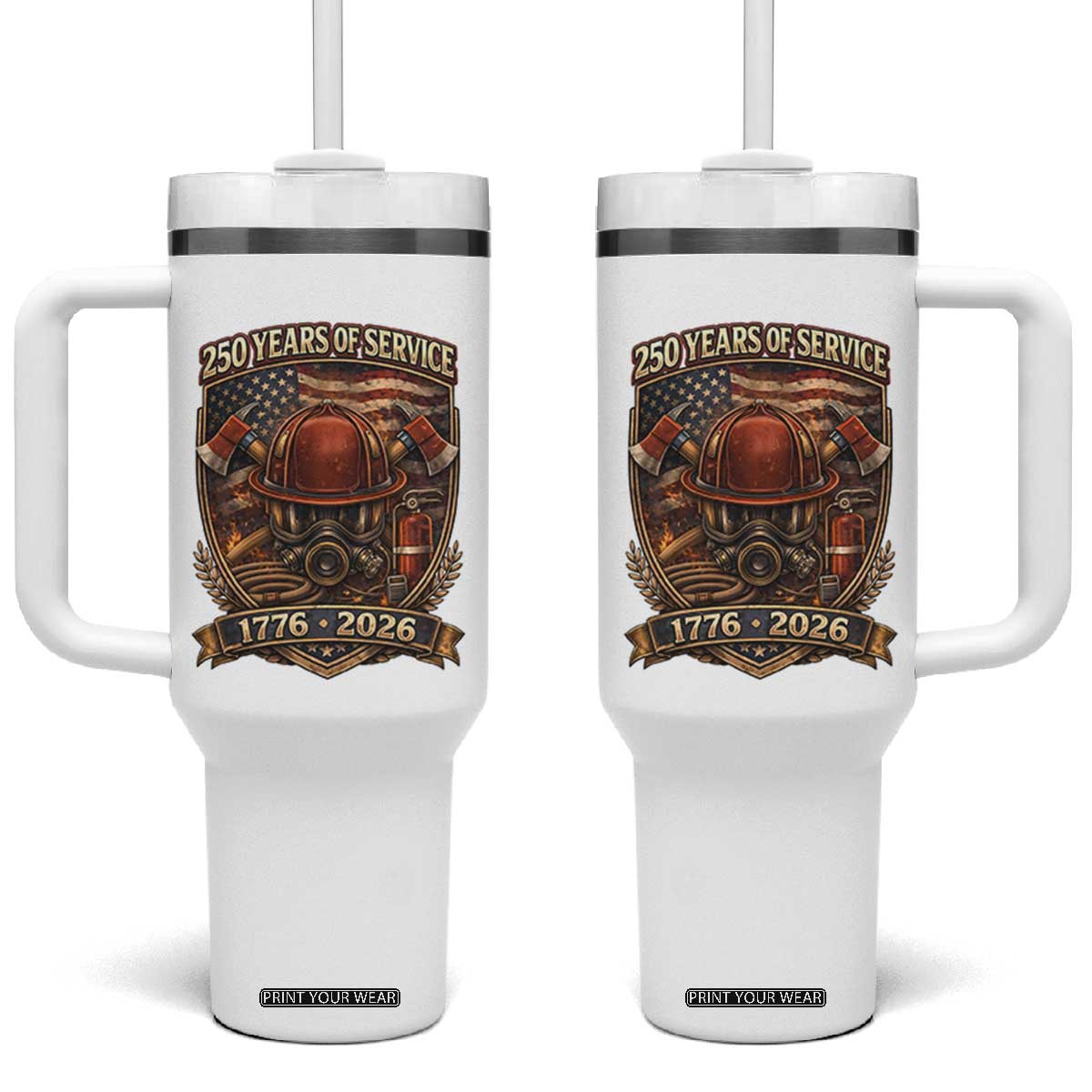 Patriotic Firefighter 250 Years Of Service USA Anniversary Gift Tumbler With Handle TS12 One Size: 40 oz White Print Your Wear