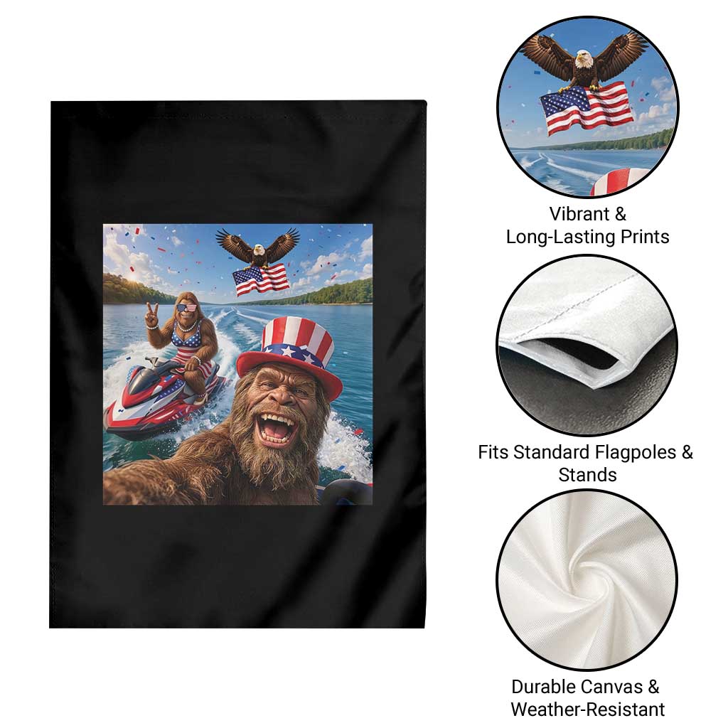 Patriotic Bigfoot Squad Chill Summer Vacation Graphic Garden Flag