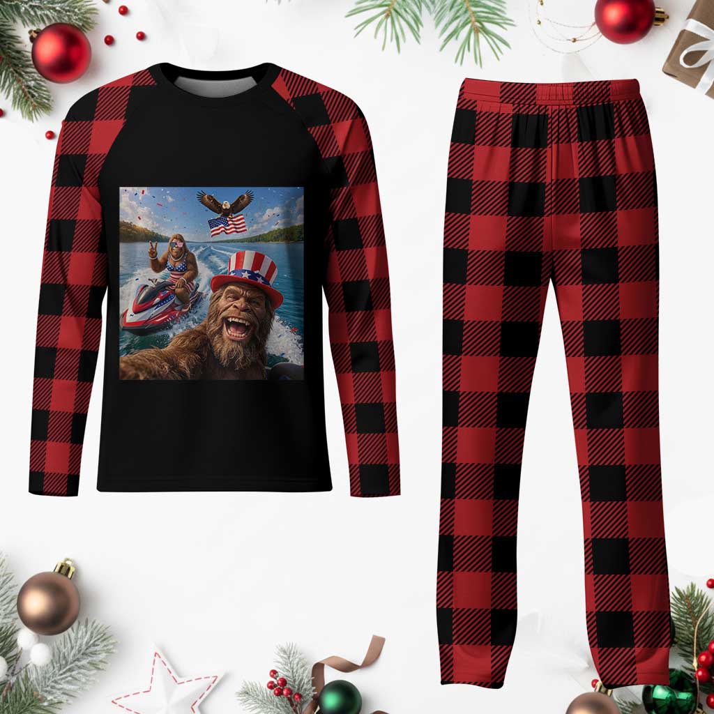 Patriotic Bigfoot Squad Chill Summer Vacation Graphic Plaid Pajama Set