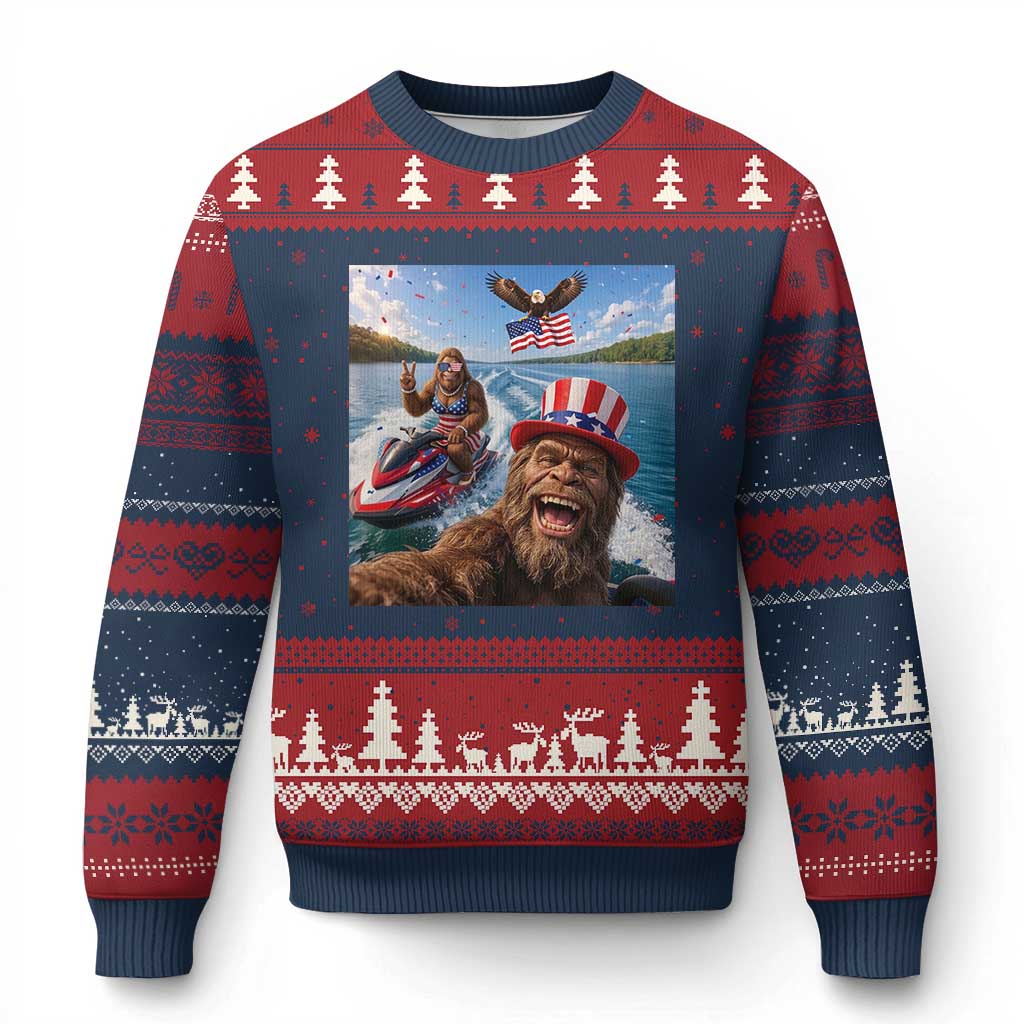 Patriotic Bigfoot Squad Chill Summer Vacation Graphic Ugly Christmas Sweater TS12 Navy Red Print Your Wear