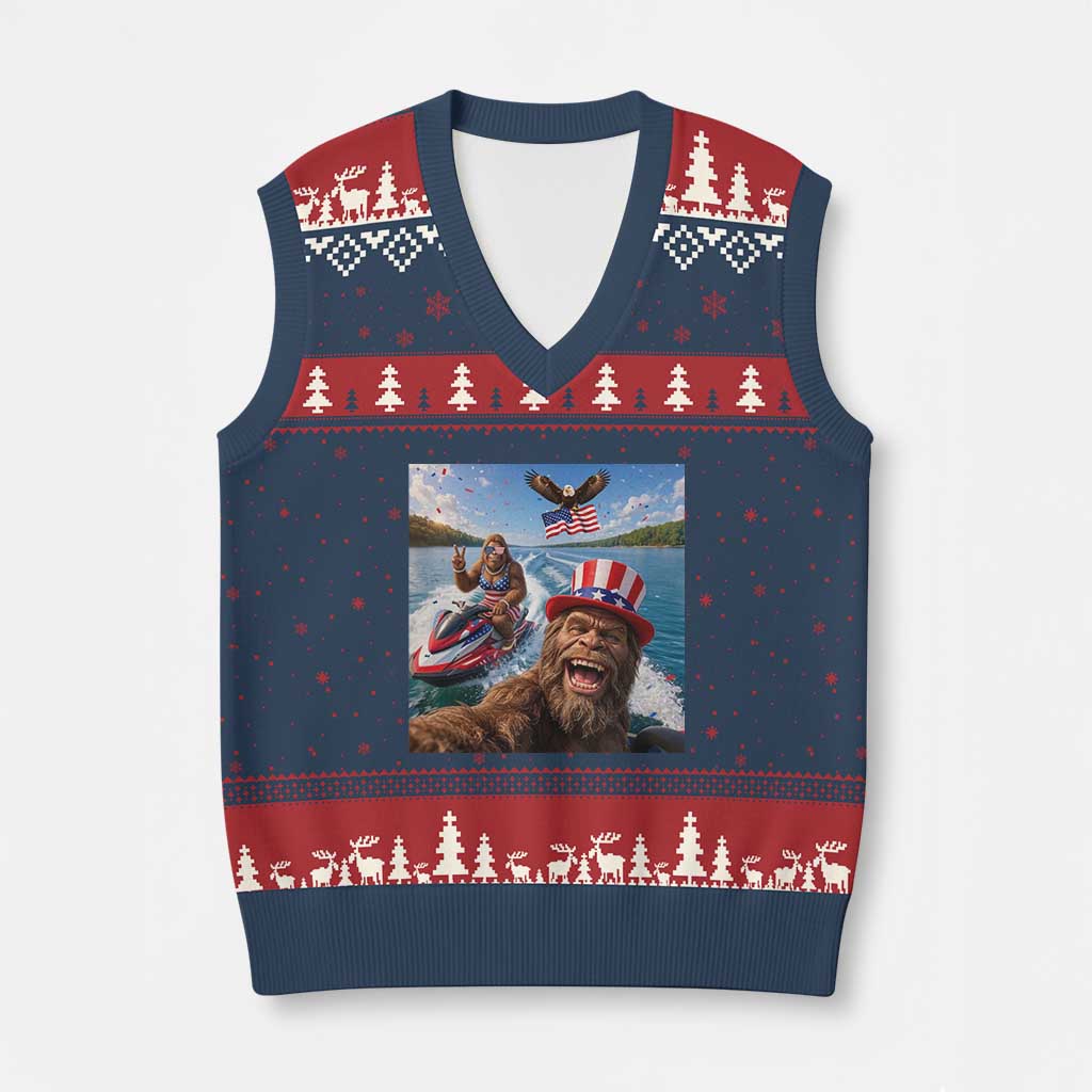 Patriotic Bigfoot Squad Chill Summer Vacation Graphic V-Neck Knit Sweater Vest TS12 Navy Red Print Your Wear