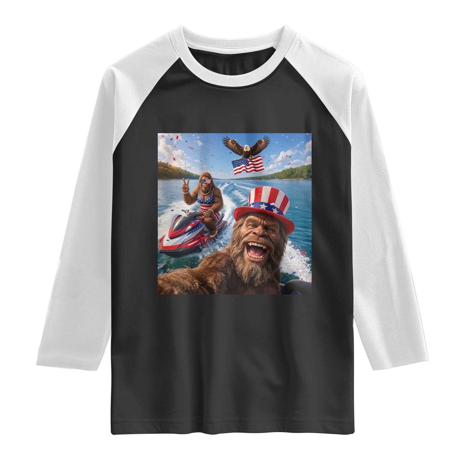Patriotic Bigfoot Squad Chill Summer Vacation Graphic Raglan Shirt TS12 Black White Print Your Wear