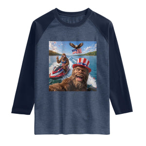 Patriotic Bigfoot Squad Chill Summer Vacation Graphic Raglan Shirt TS12 Heather Denim Navy Print Your Wear