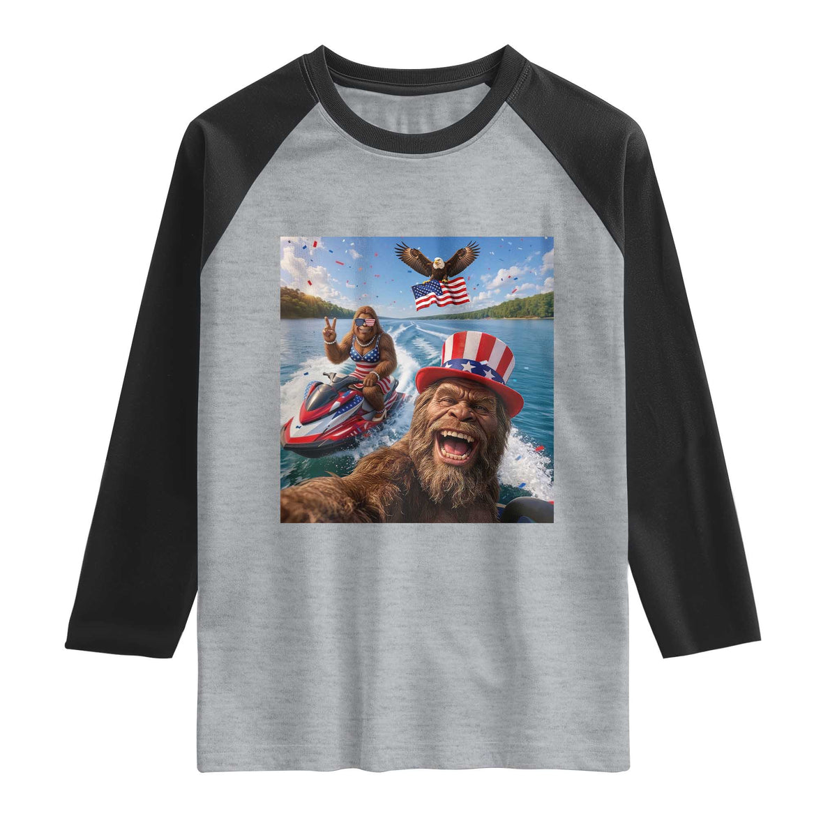 Patriotic Bigfoot Squad Chill Summer Vacation Graphic Raglan Shirt TS12 Heather Gray Black Print Your Wear
