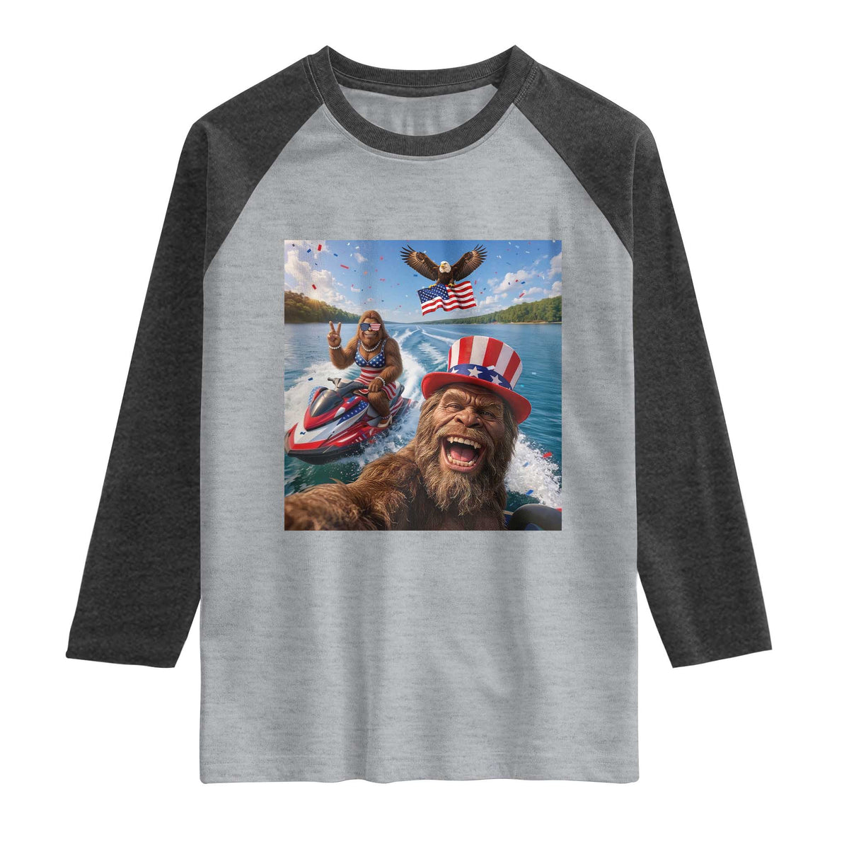 Patriotic Bigfoot Squad Chill Summer Vacation Graphic Raglan Shirt TS12 Heather Gray Heather Charcoal Print Your Wear