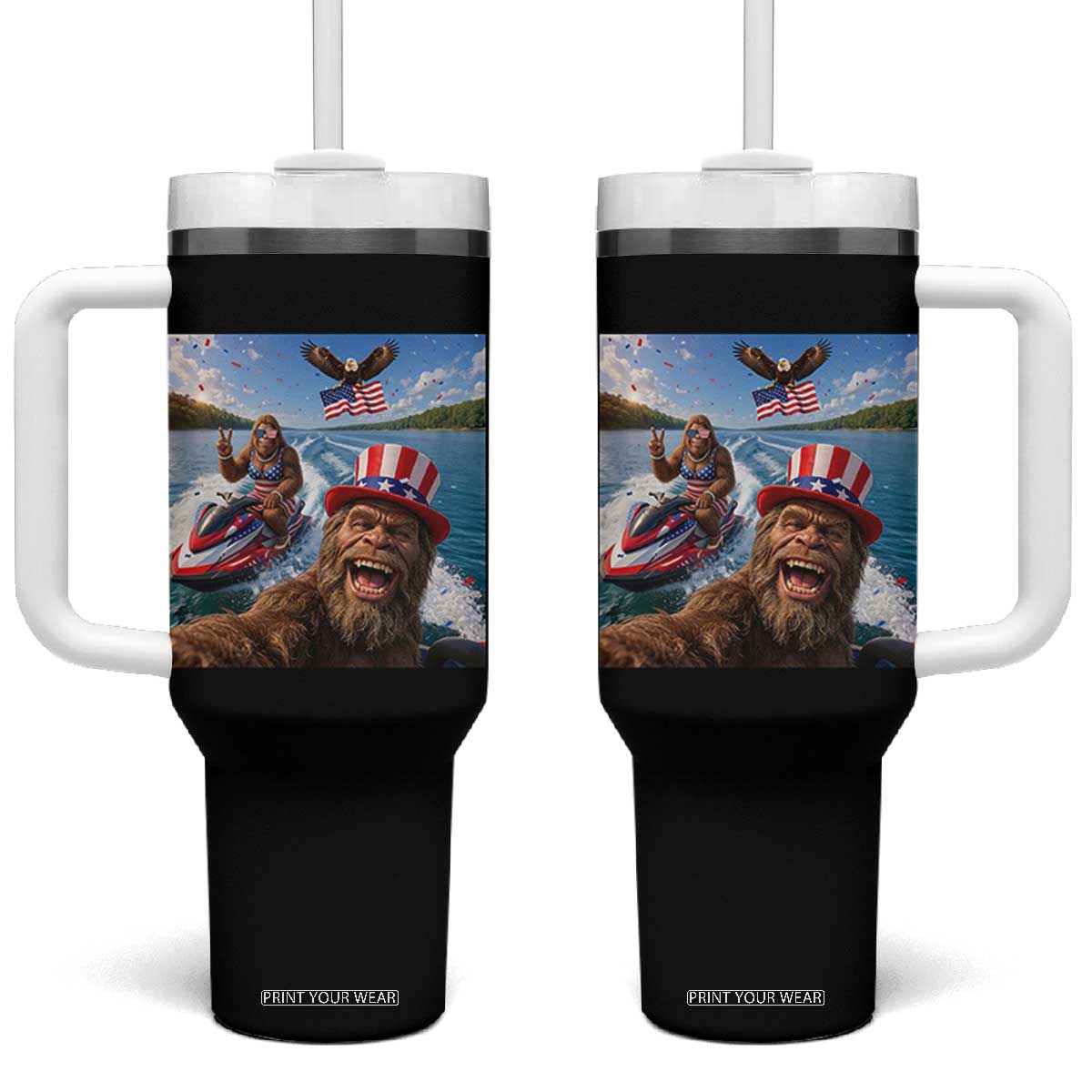 Patriotic Bigfoot Squad Chill Summer Vacation Graphic Tumbler With Handle TS12 One Size: 40 oz Black Print Your Wear
