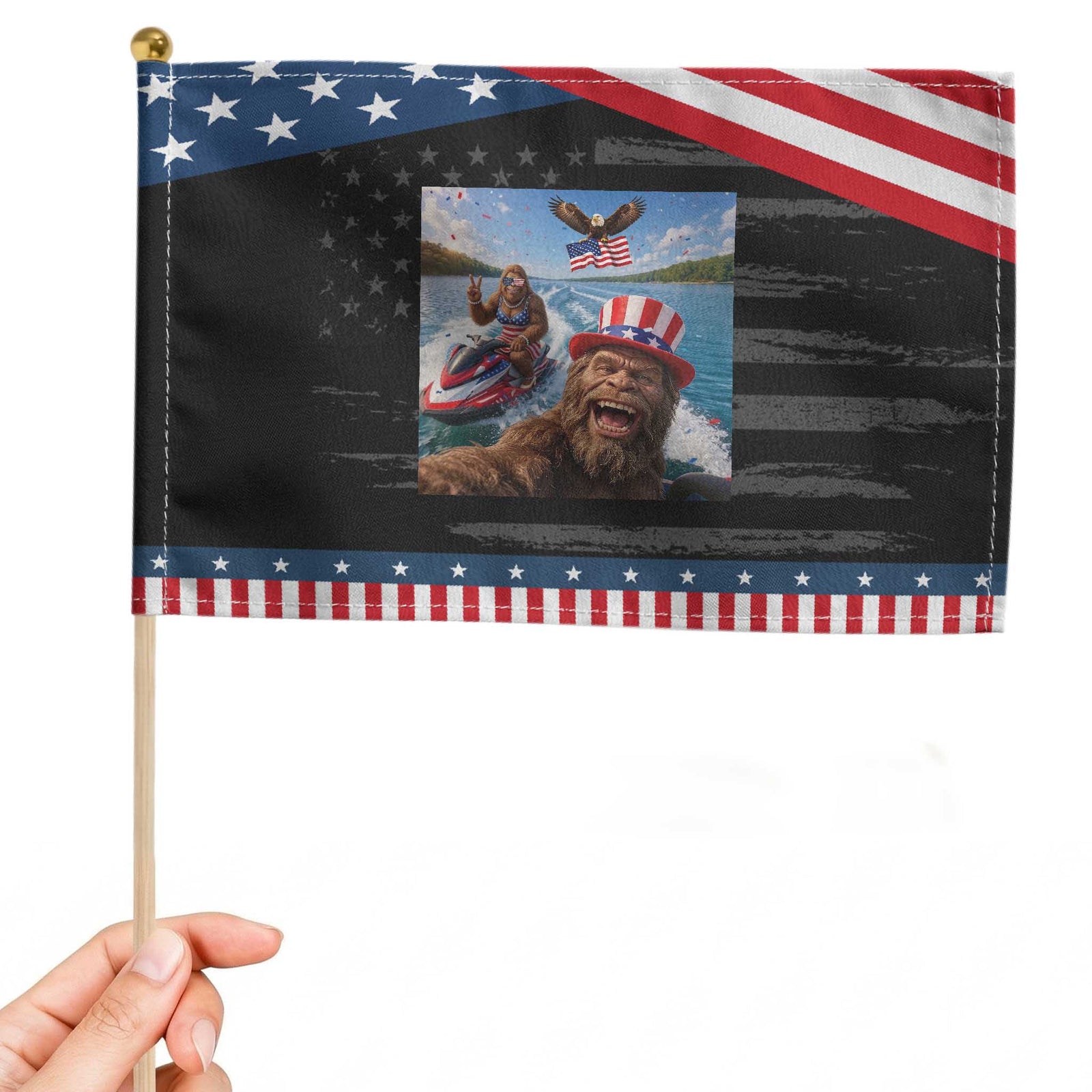 Funny Bigfoot Squad Chill Summer Vacation Graphic Patriotic Handheld Flag TS12 Distressed 8.2
