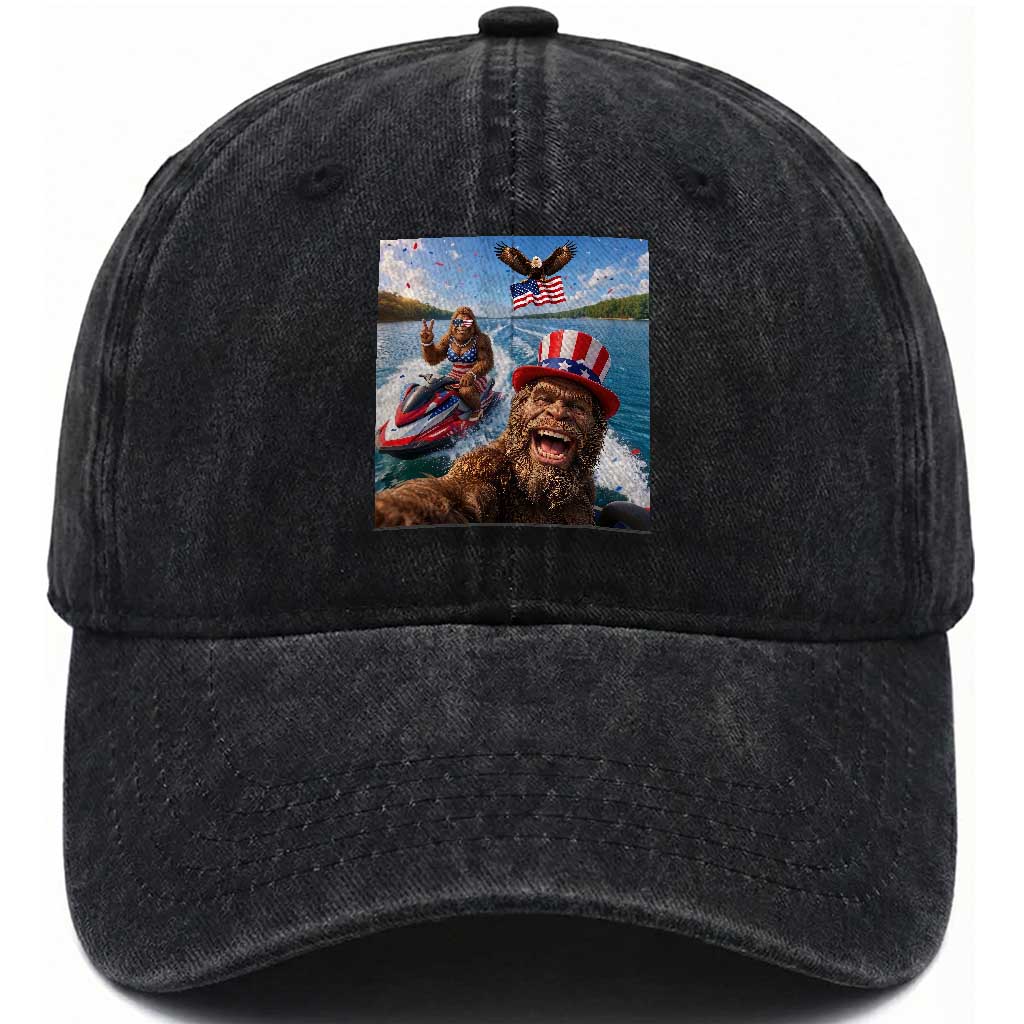 Patriotic Bigfoot Squad Chill Summer Vacation Graphic Washed Cotton Baseball Cap