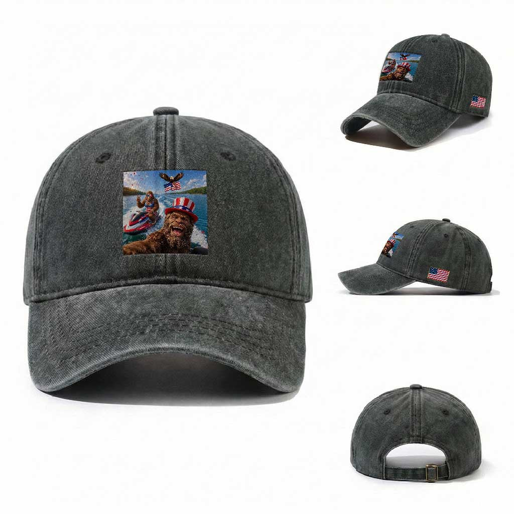 Patriotic Bigfoot Squad Chill Summer Vacation Graphic Washed Cotton Baseball Cap