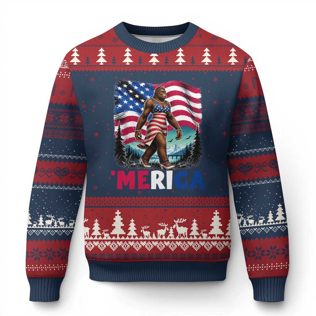 Funny Patriotic Sexy Bigfoot Ugly Christmas Sweater Merica USA 250th Anniversary TS12 Navy Red Print Your Wear