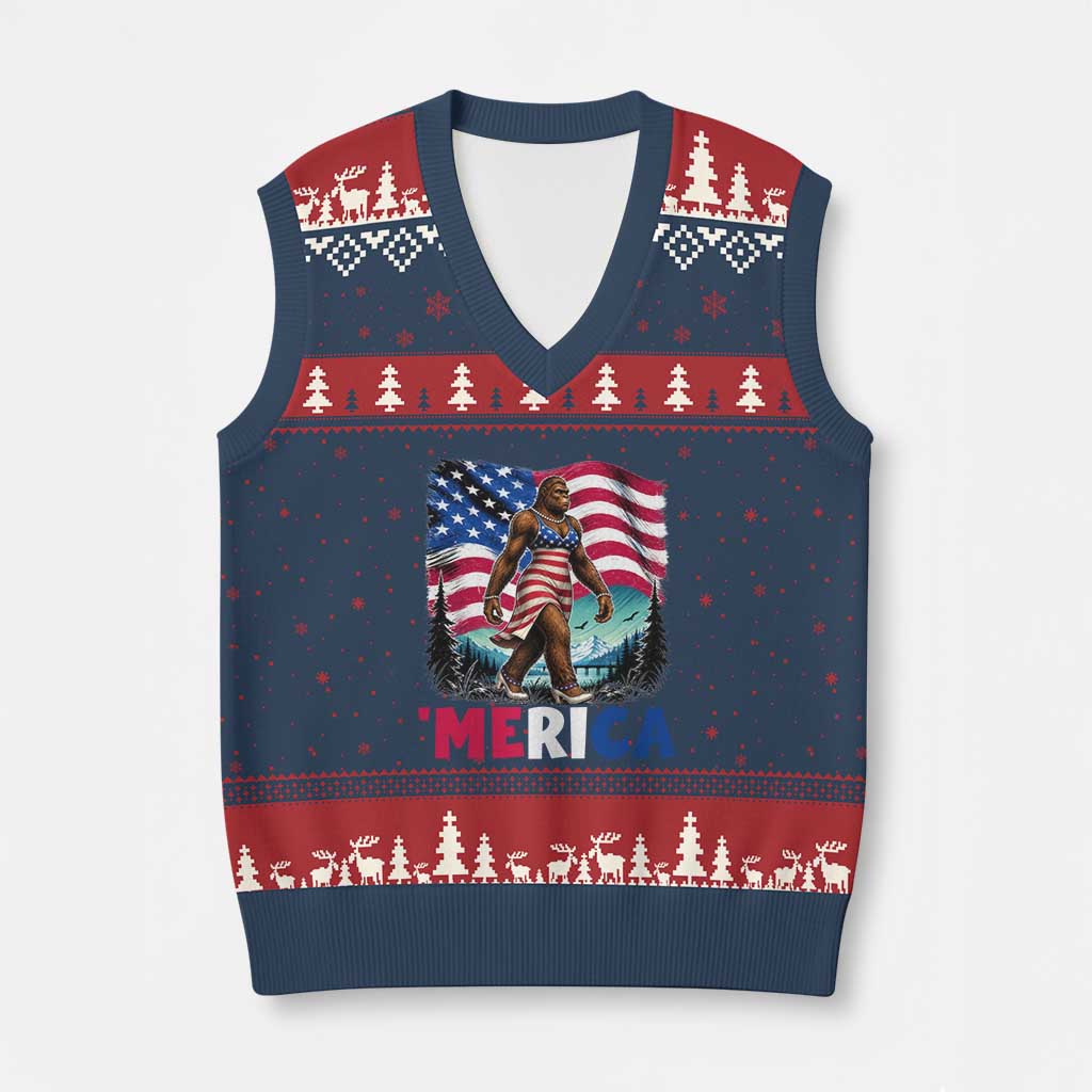 Funny Patriotic Sexy Bigfoot V-Neck Knit Sweater Vest Merica USA 250th Anniversary