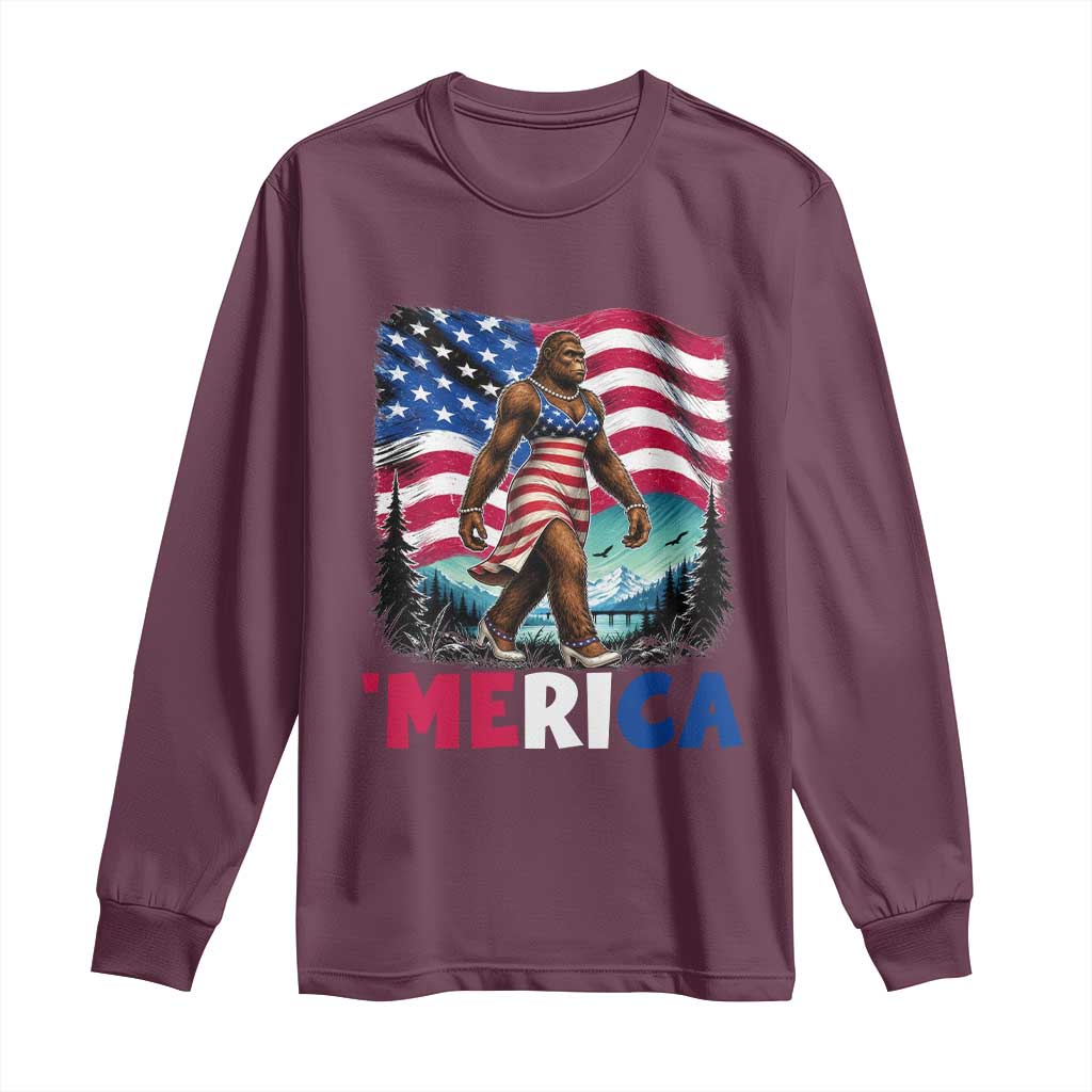 Funny Patriotic Sexy Bigfoot Long Sleeve Shirt Merica USA 250th Anniversary TS12 Maroon Print Your Wear