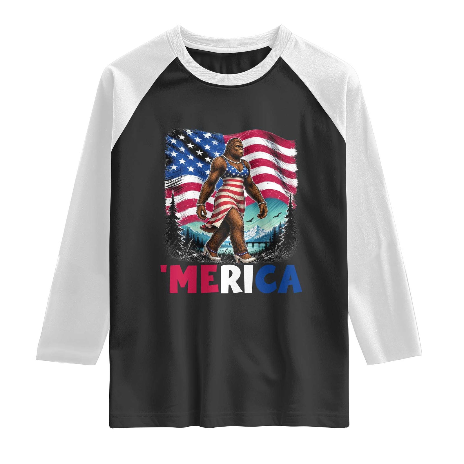 Funny Patriotic Sexy Bigfoot Raglan Shirt Merica USA 250th Anniversary TS12 Black White Print Your Wear