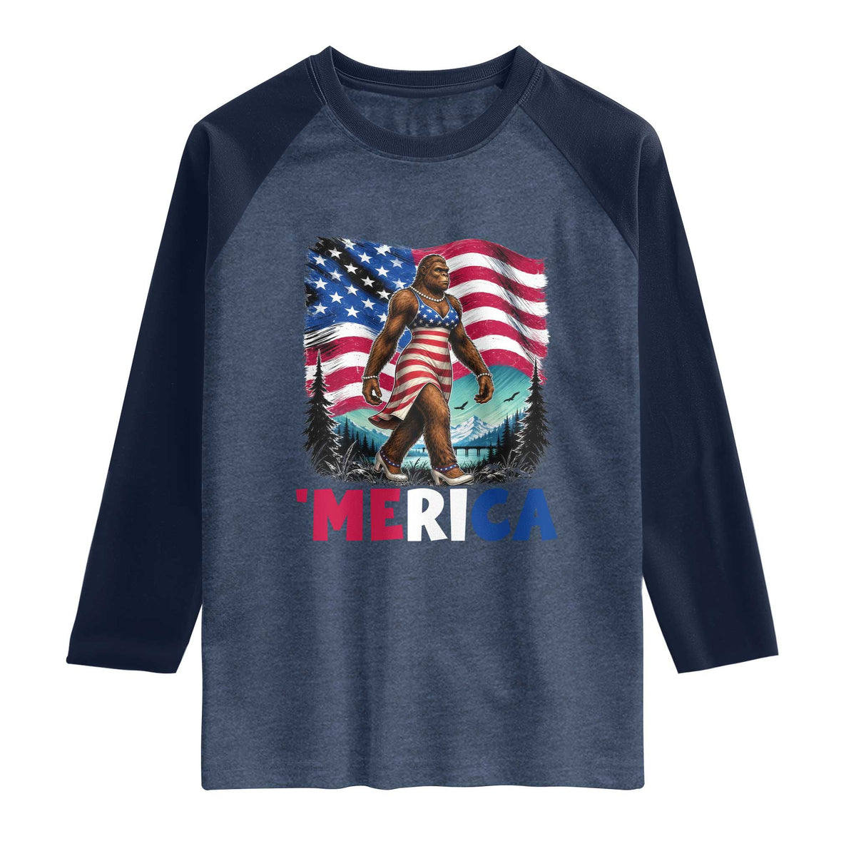 Funny Patriotic Sexy Bigfoot Raglan Shirt Merica USA 250th Anniversary TS12 Heather Denim Navy Print Your Wear