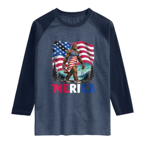 Funny Patriotic Sexy Bigfoot Raglan Shirt Merica USA 250th Anniversary TS12 Heather Denim Navy Print Your Wear