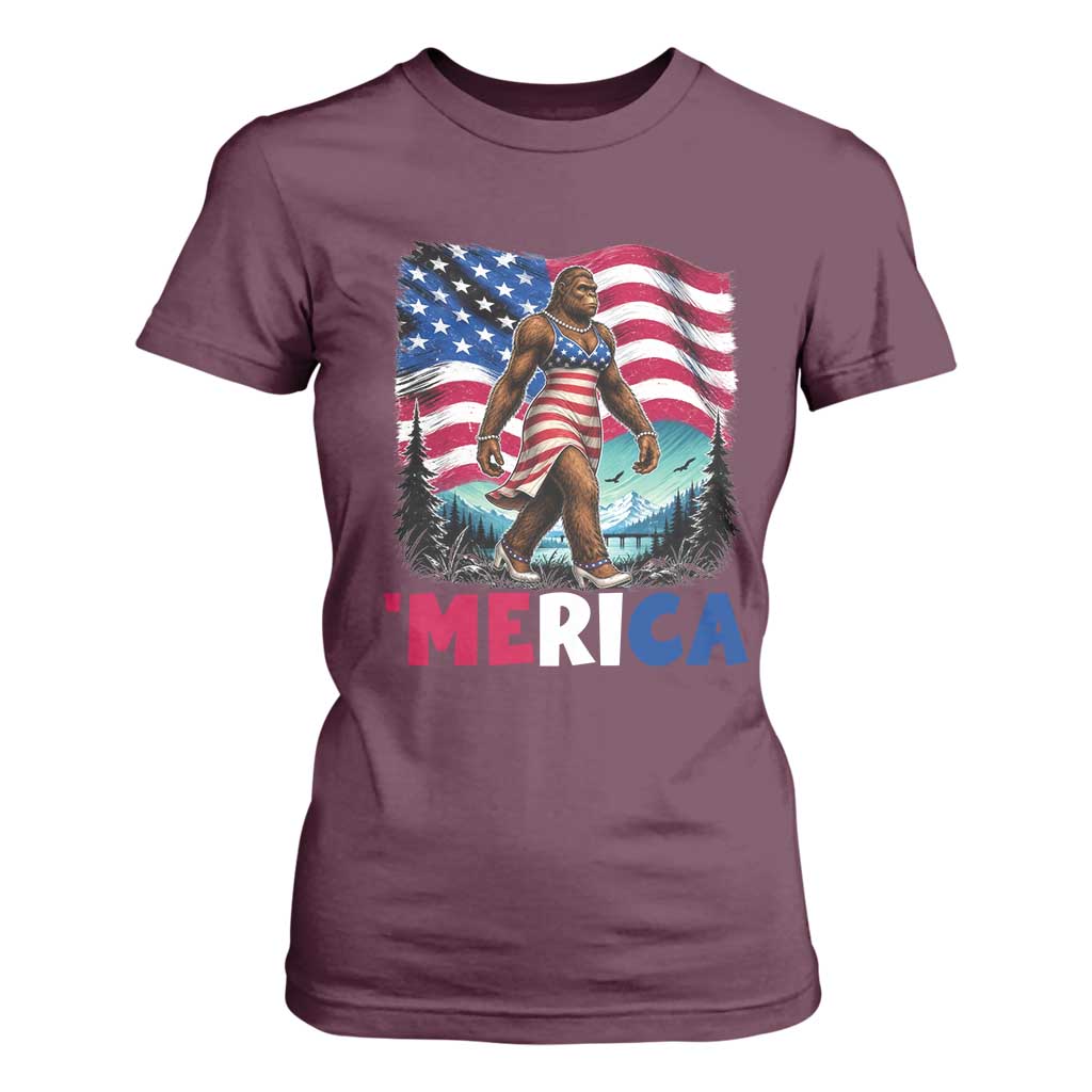 Funny Patriotic Sexy Bigfoot T Shirt For Women Merica USA 250th Anniversary TS12 Maroon Print Your Wear