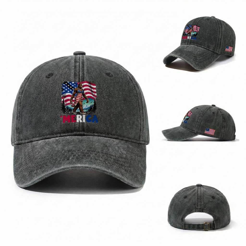 Funny Patriotic Sexy Bigfoot Washed Cotton Baseball Cap Merica USA 250th Anniversary TS12 Washed Cap Universal Fit Dark Green Print Your Wear