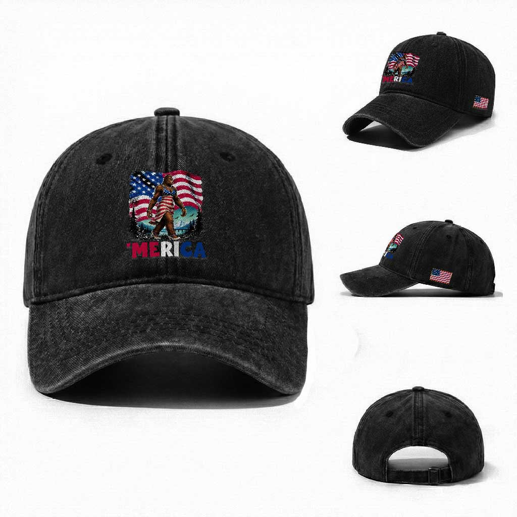 Funny Patriotic Sexy Bigfoot Washed Cotton Baseball Cap Merica USA 250th Anniversary TS12 Washed Cap Universal Fit Black Print Your Wear