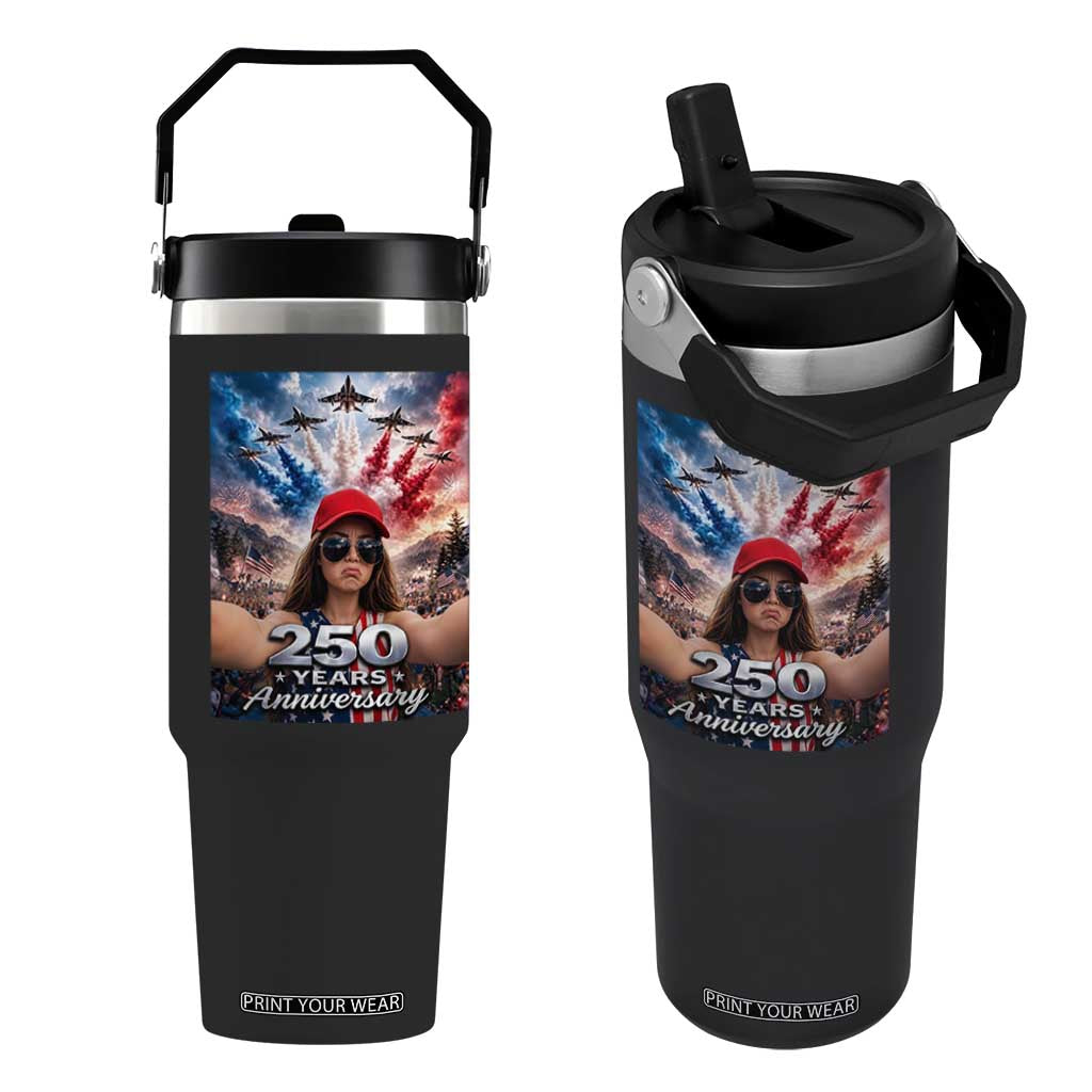 Funny Doll Face Meme 4th Of July Flip Straw Tumbler USA Freedom Jet Fighter Graphic
