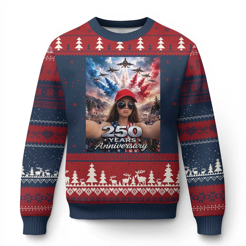 Funny Doll Face Meme 4th Of July Ugly Christmas Sweater USA Freedom Jet Fighter Graphic TS12 Navy Red Print Your Wear