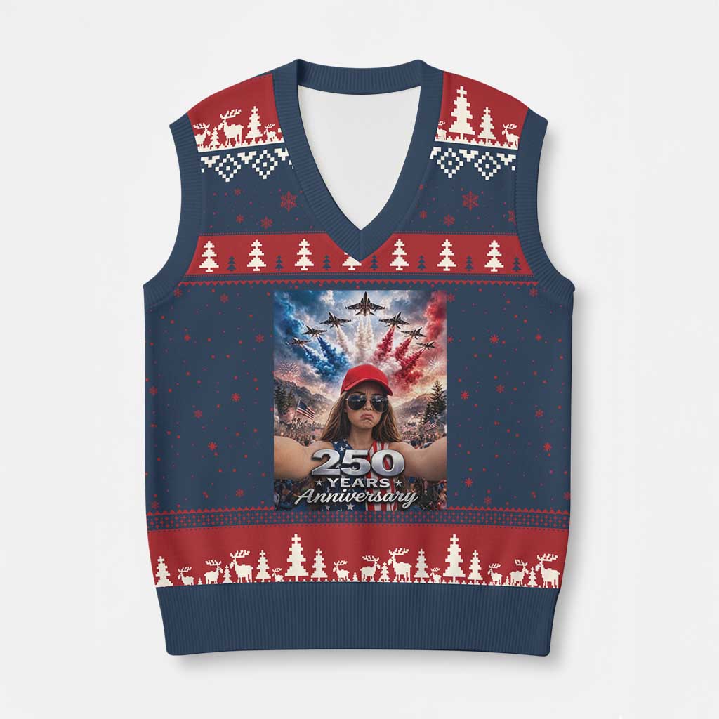 Funny Doll Face Meme 4th Of July V-Neck Knit Sweater Vest USA Freedom Jet Fighter Graphic TS12 Navy Red Print Your Wear
