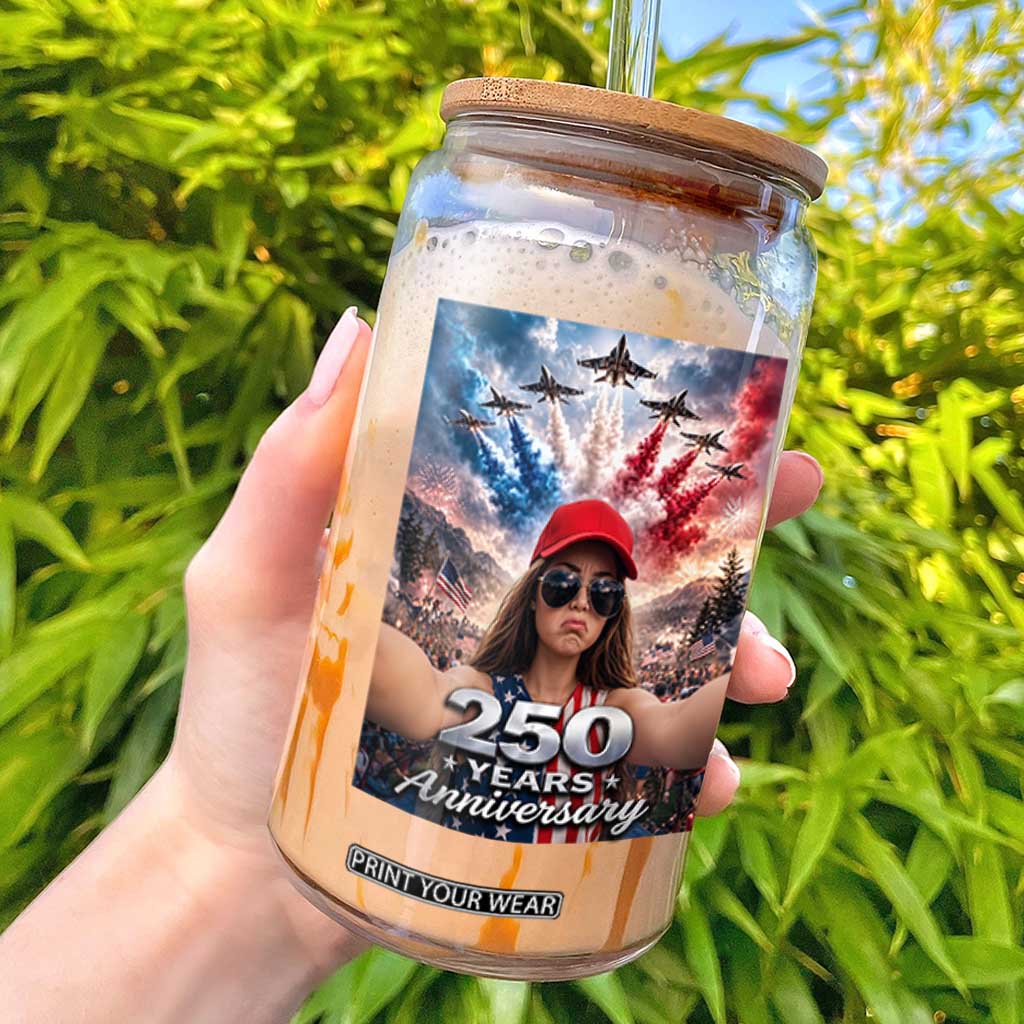 Funny Doll Face Meme 4th Of July Glass Can USA Freedom Jet Fighter Graphic