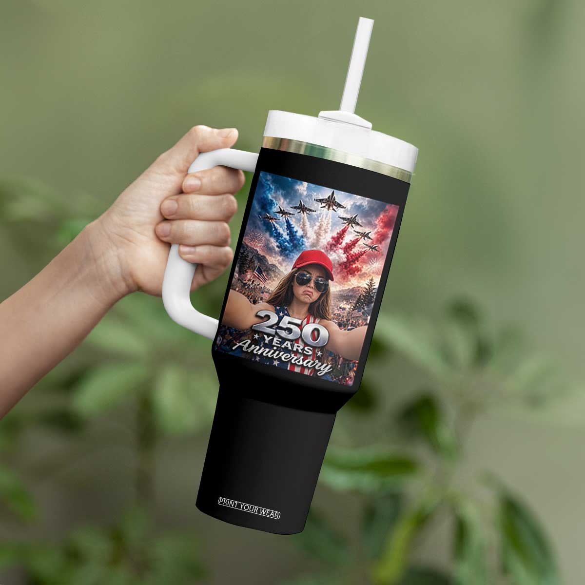 Funny Doll Face Meme 4th Of July Tumbler With Handle USA Freedom Jet Fighter Graphic